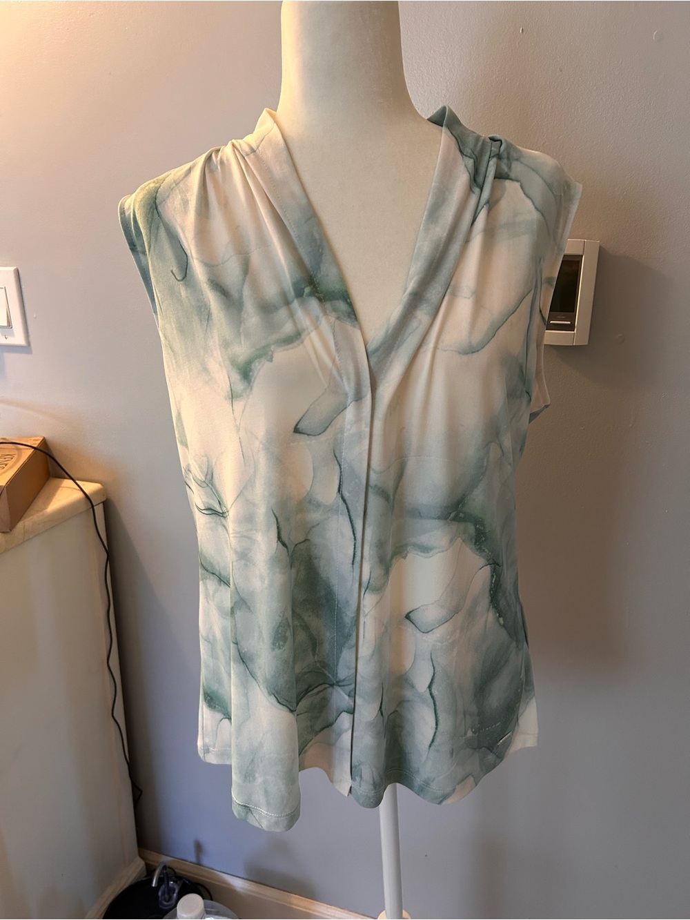 Calvin Klein Sleeveless V-Neck Watercolor Blouse - Sage